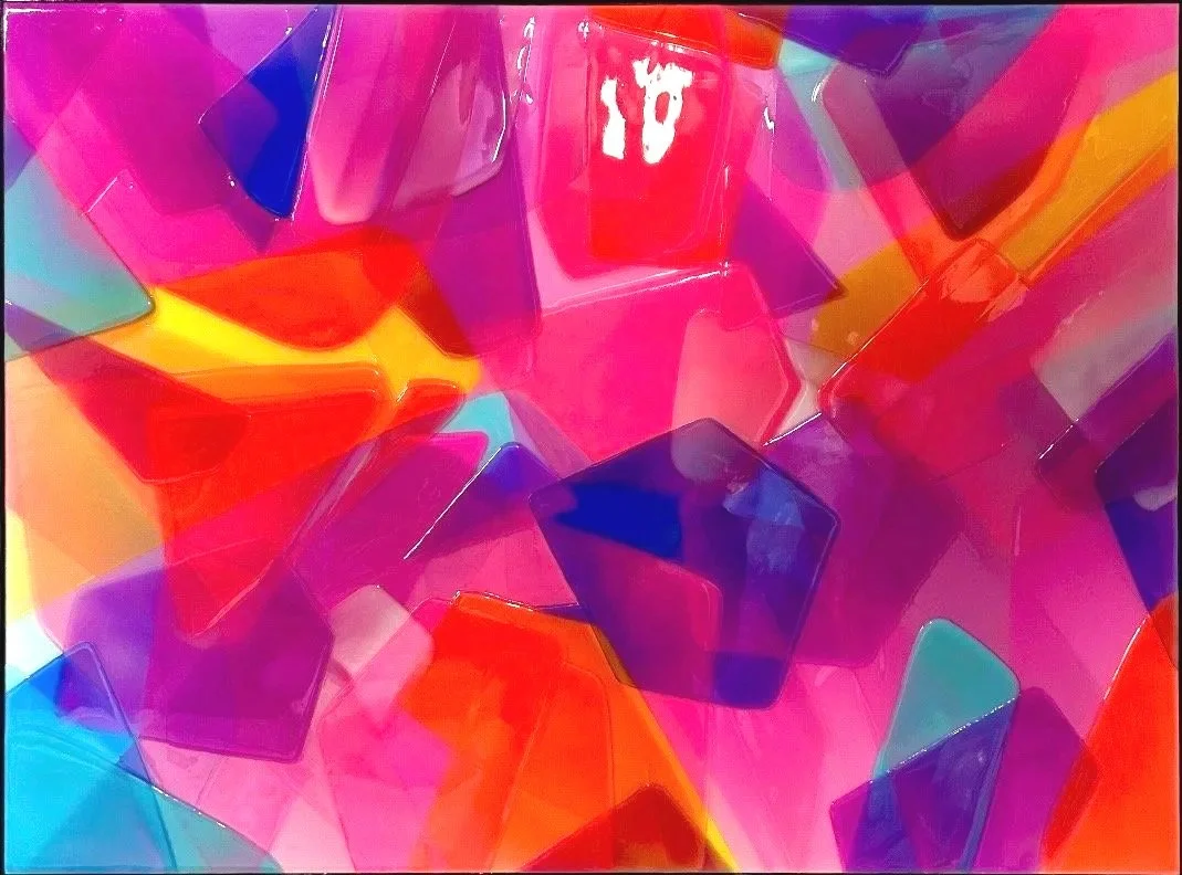 Original artwork by Daria Baluta. Translucent layers of pigmented epoxy resin, vibrant color palette, glossy mirrored textures.