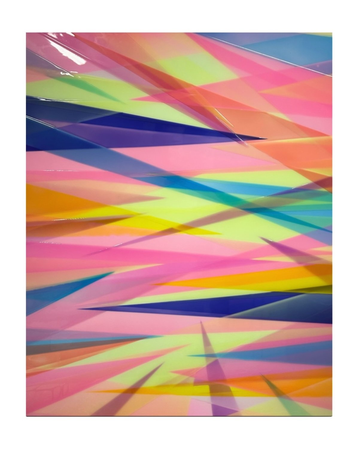 The artwork titled Vector 1 features vibrant, multi-directional overlapping sharp angled triangular shapes in different colours.