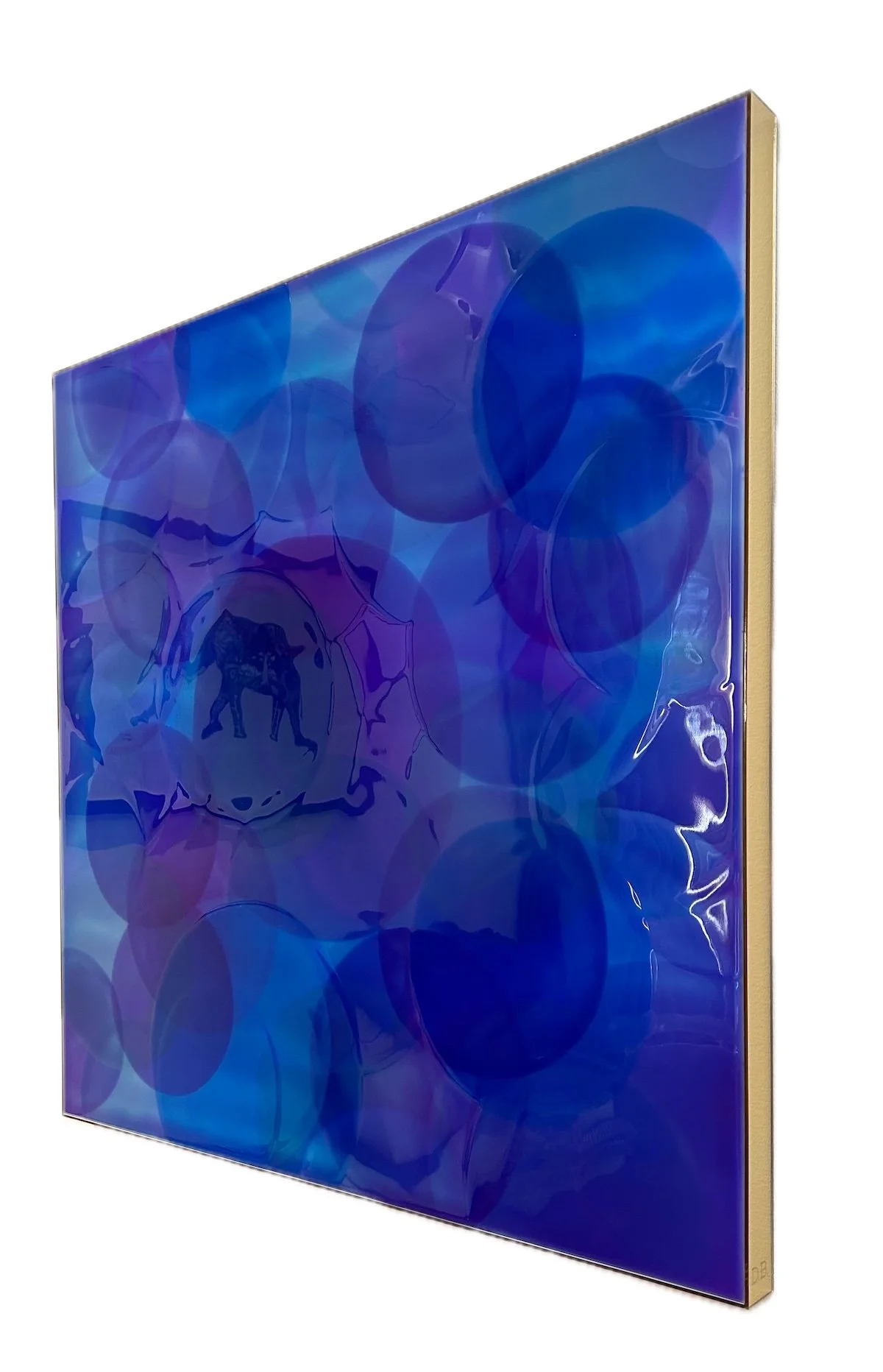 Specular Blue, framed in gold mirror, abstract geometric epoxy resin artwork by Daria Baluta, in deep blues with a mirror-like high-gloss finish