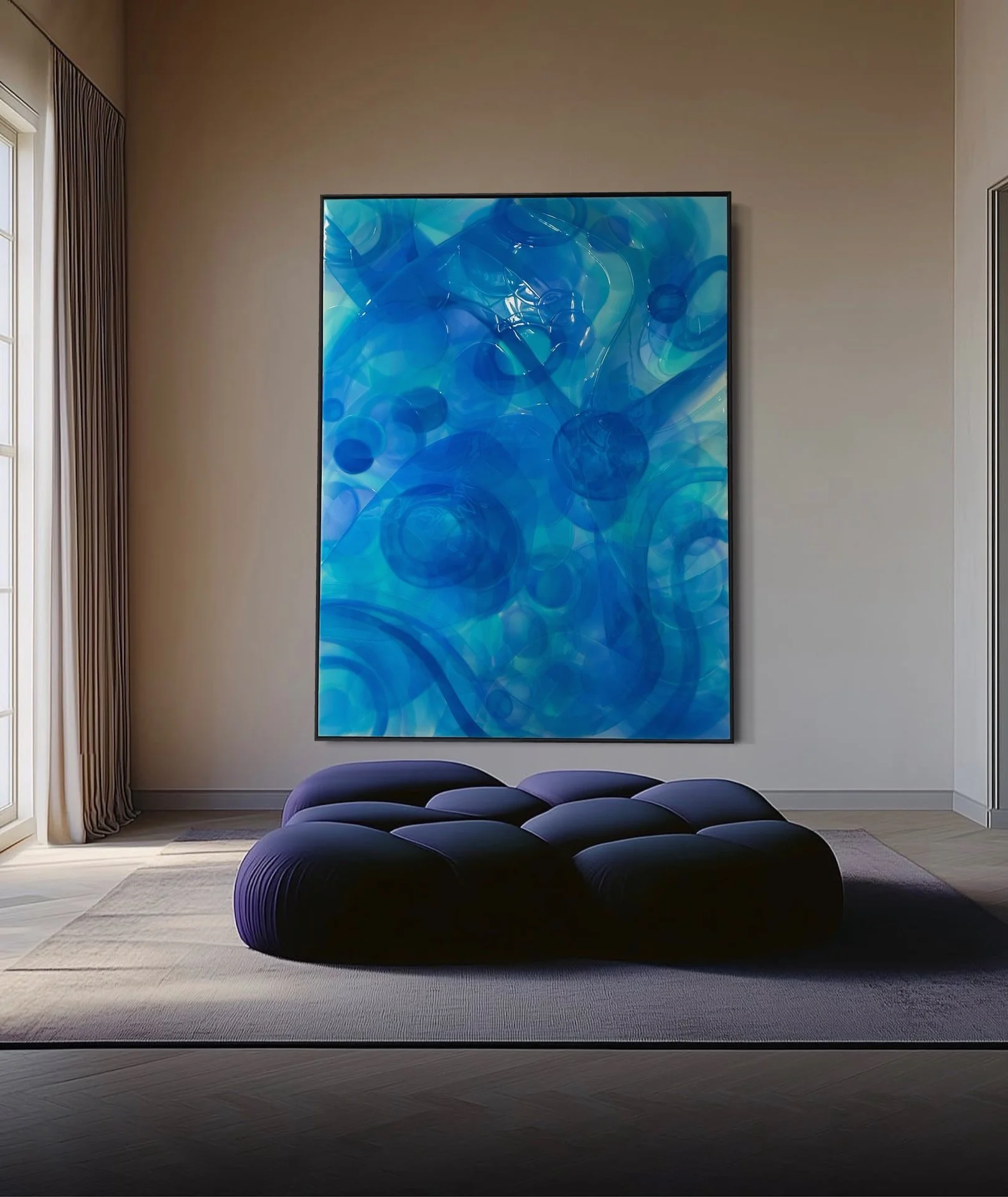 Luxury room interior mockup by Daria Baluta showcasing a spacious layout, contemporary furniture, and vibrant cerulean accents.
