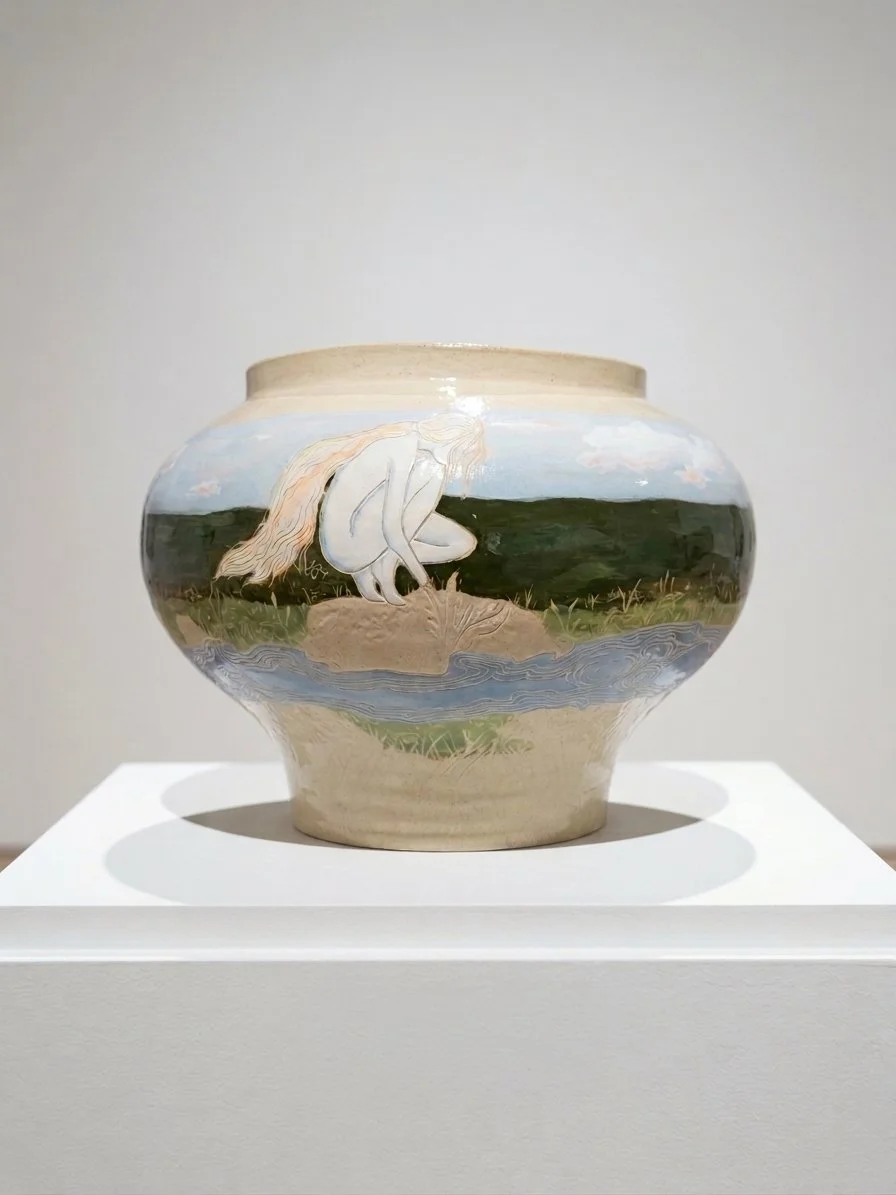 Decorative vase with a painted scene of a woman with long hair crouching by water, set against a background of landscape and sky.