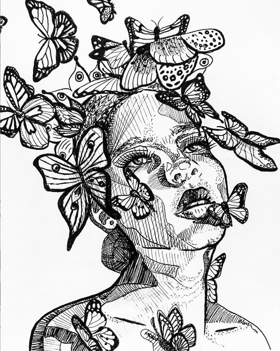 Black and white illustration of a woman's face with butterflies around and on her head, butterflies covering her hair and some on her face and shoulders.
