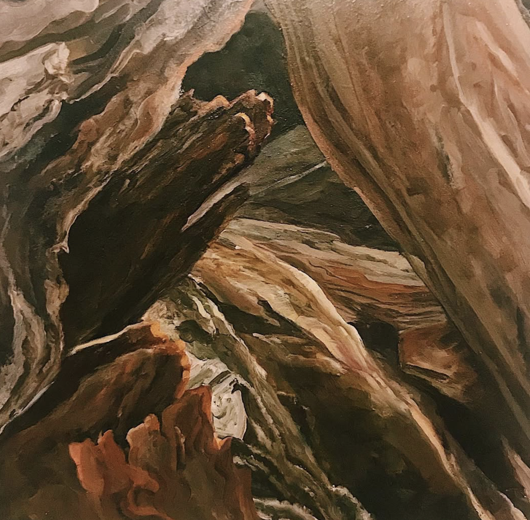 Close-up of a textured wooden surface with swirling grain patterns in shades of brown, tan, and black.