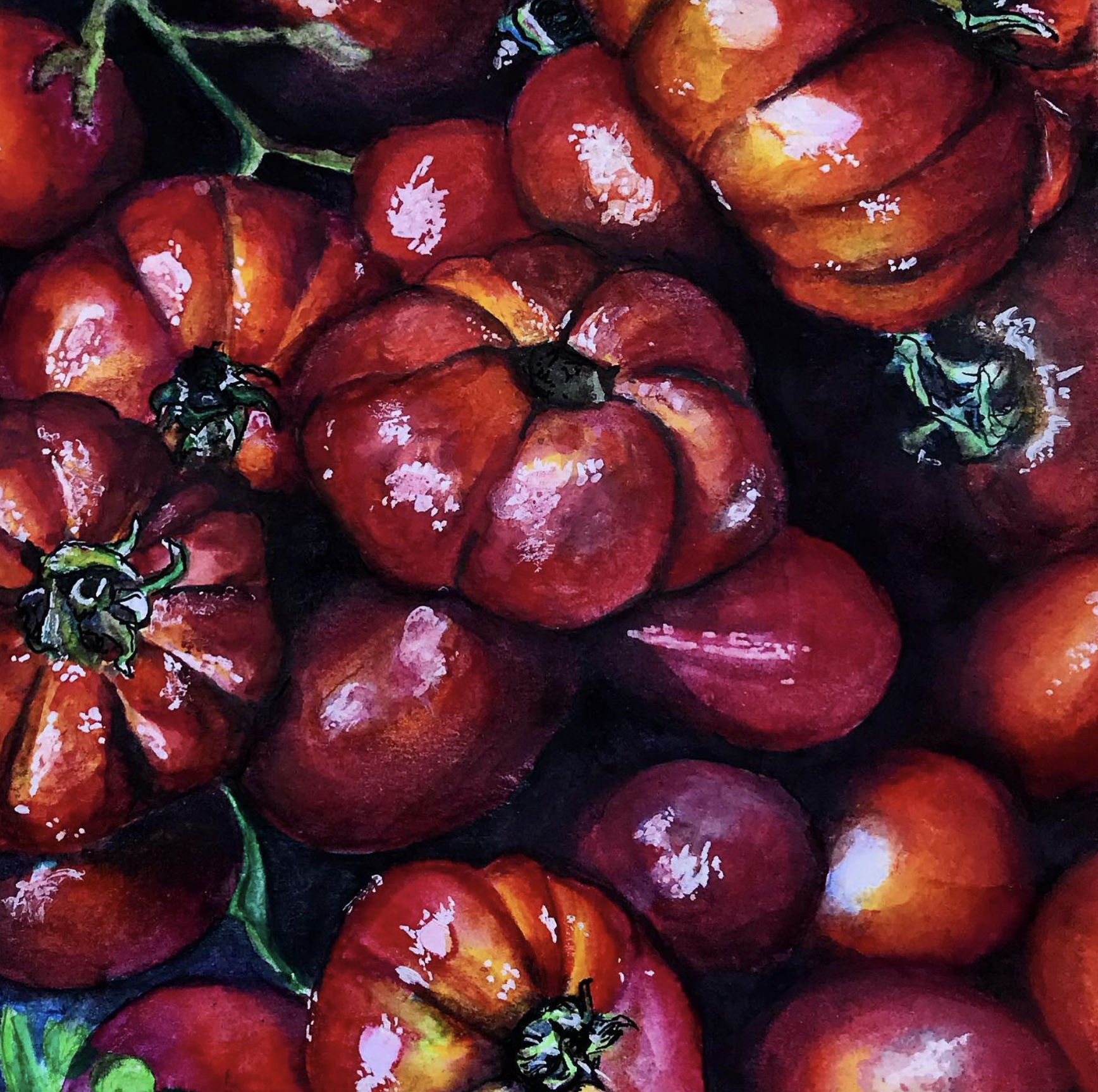 Close-up of a painting depicting red tomatoes with green stems and leaves, rendered in a vibrant, expressive style.