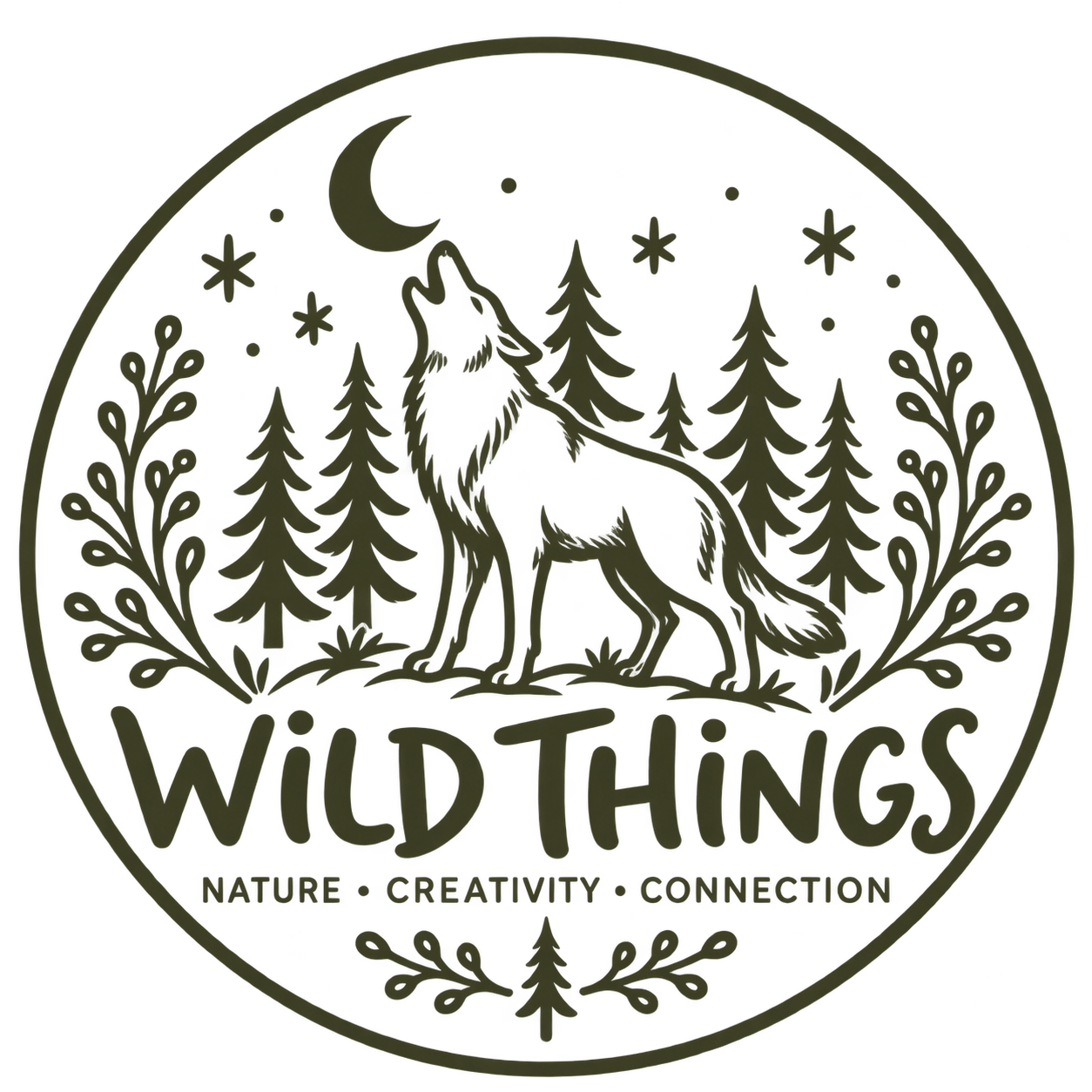Round wilderness emblem featuring a howling wolf, pine trees, crescent moon, stars, and the text “WILD THINGS: NATURE • CREATIVITY • CONNECTION.”