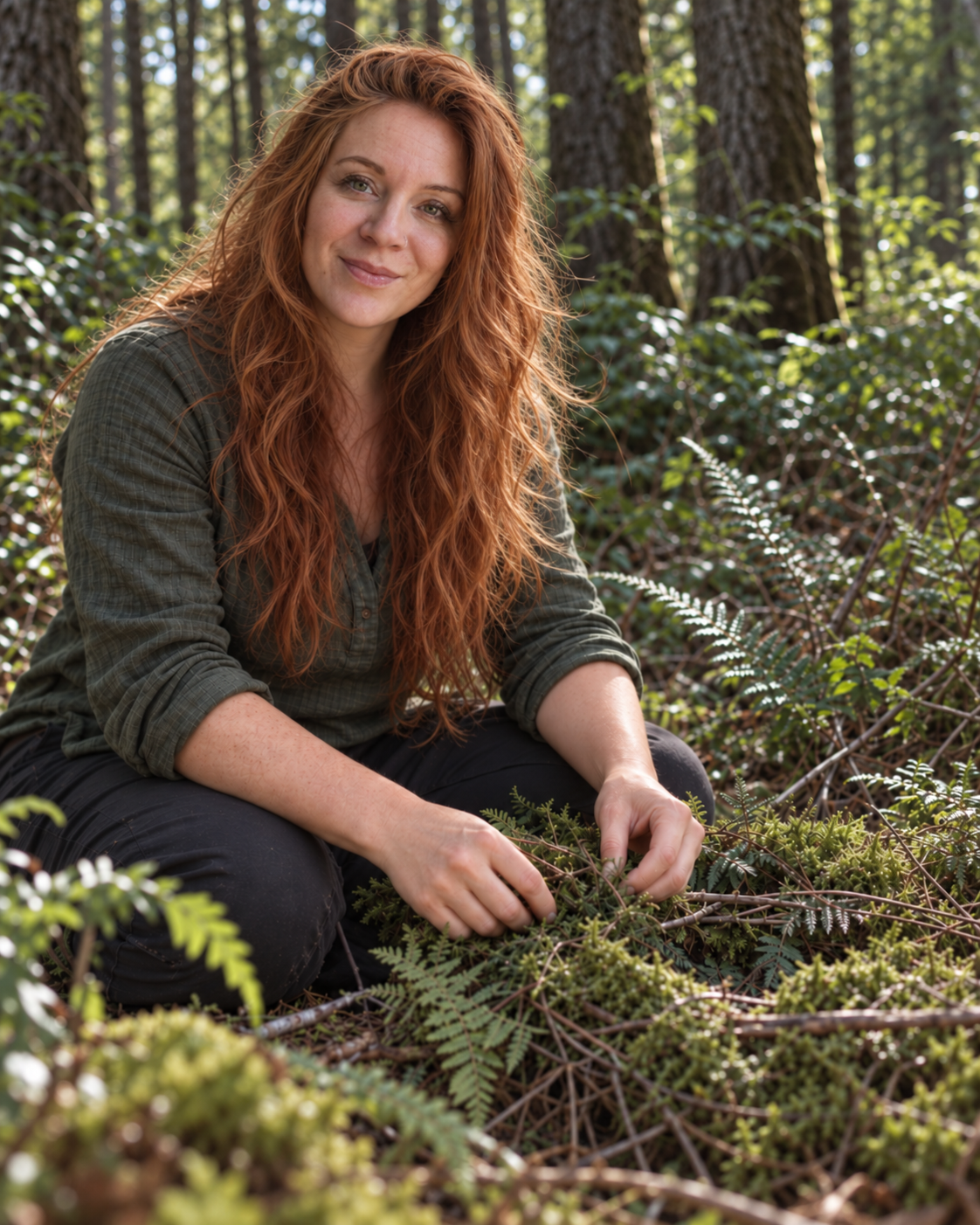Red-haired woman kneeling among ferns and forest plants in a sunlit woodland