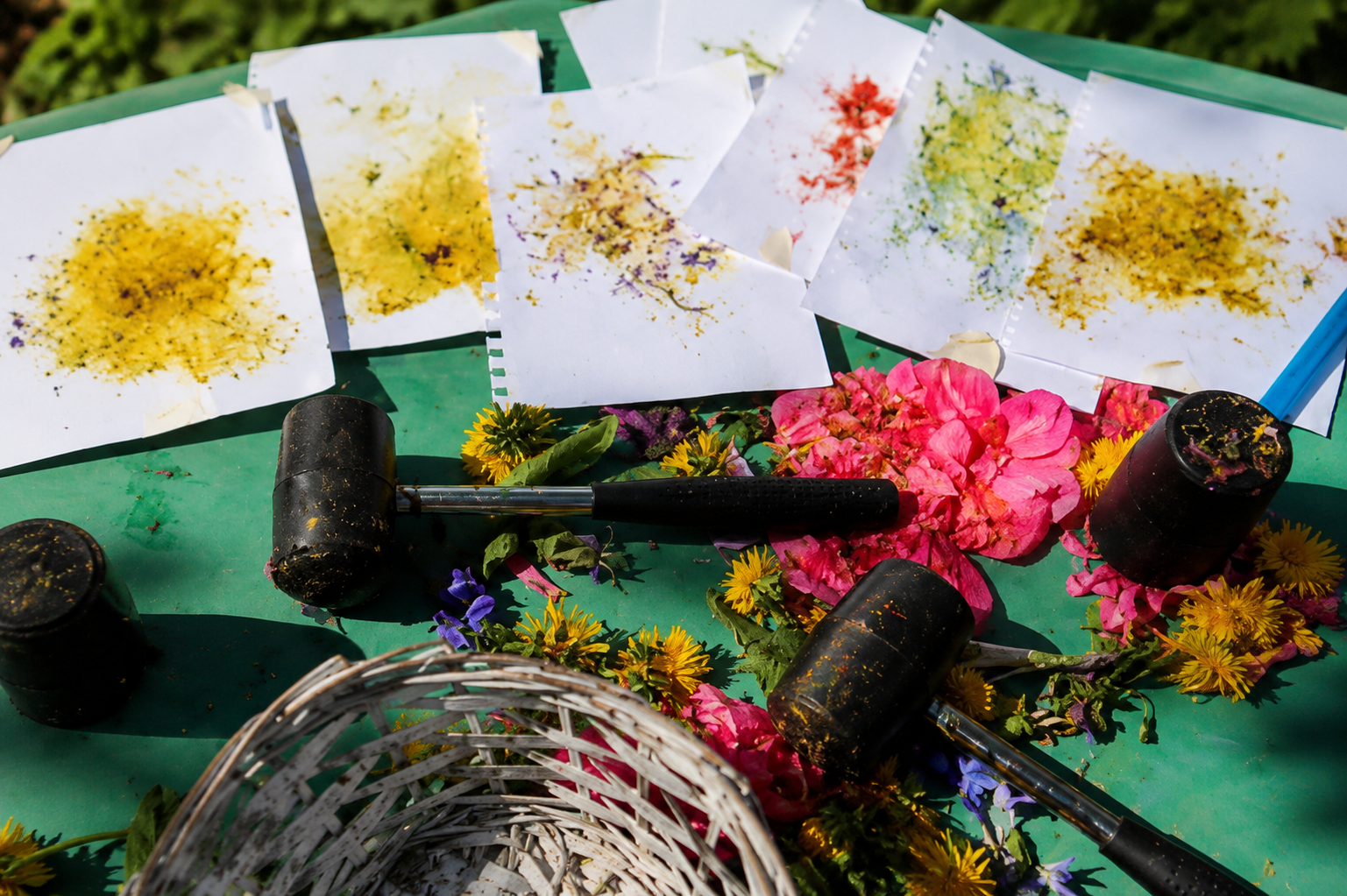 Outdoor flower pounding craft setup with colorful flowers, mallets, and floral prints on paper