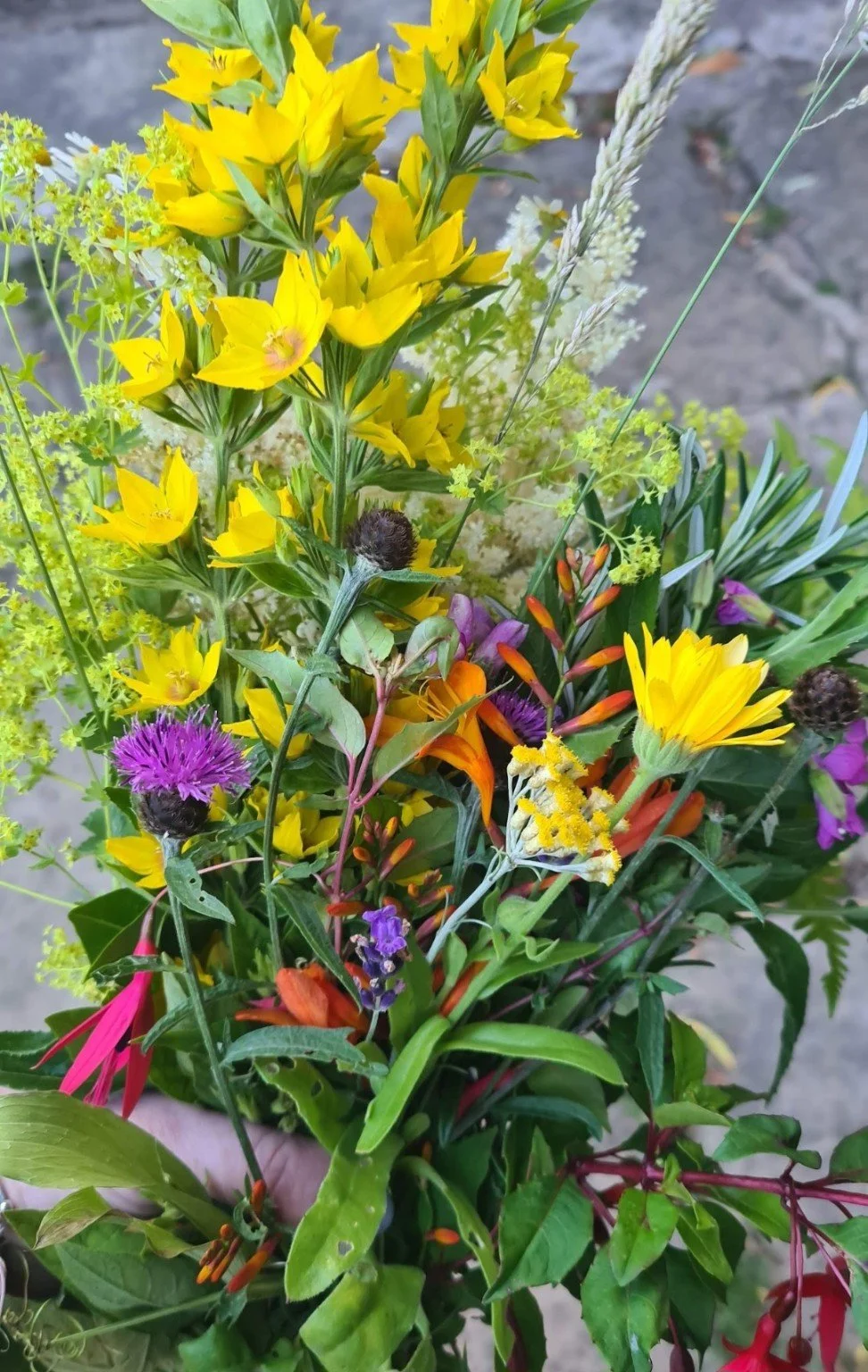 Colorful wildflower bouquet with yellow lilies, purple thistles, orange blooms, pink coneflowers, greenery, and ornamental grasses
