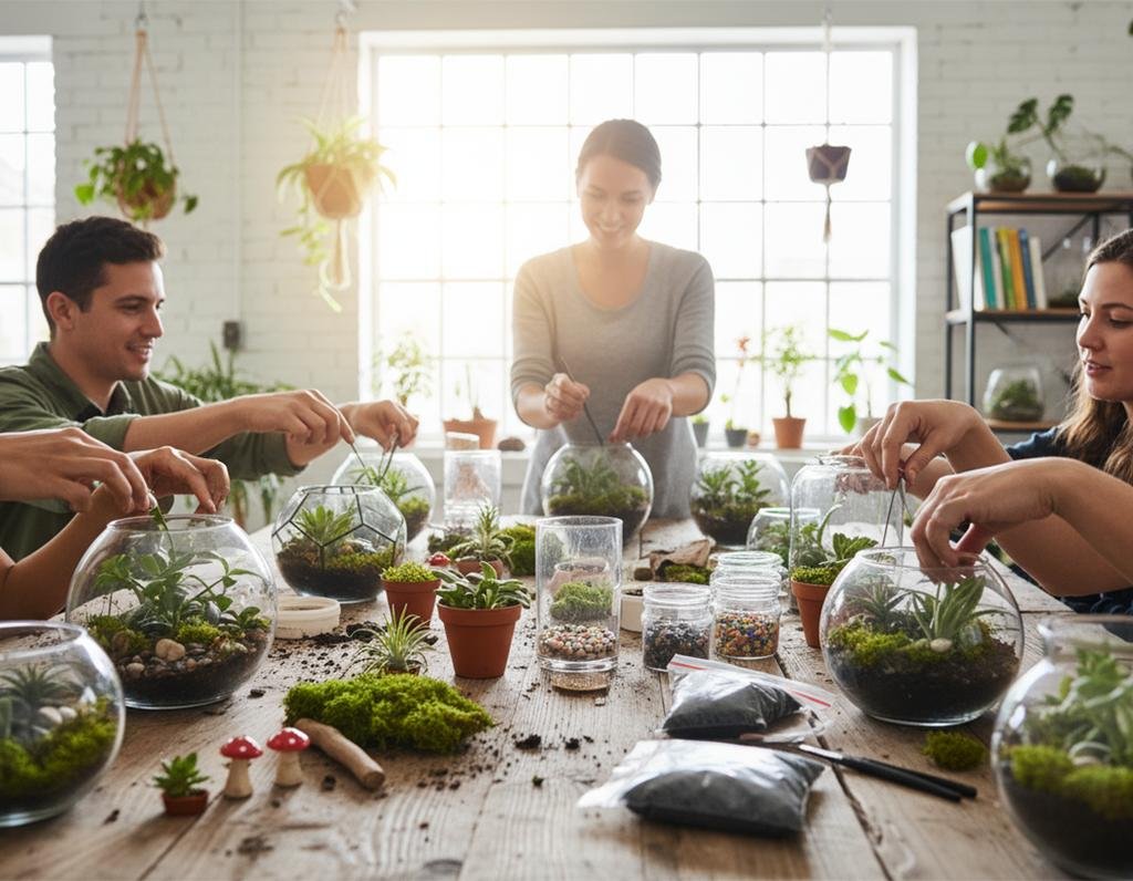 Group of people creating succulent terrariums and miniature plant arrangements around a table in a bright greenhouse studio
