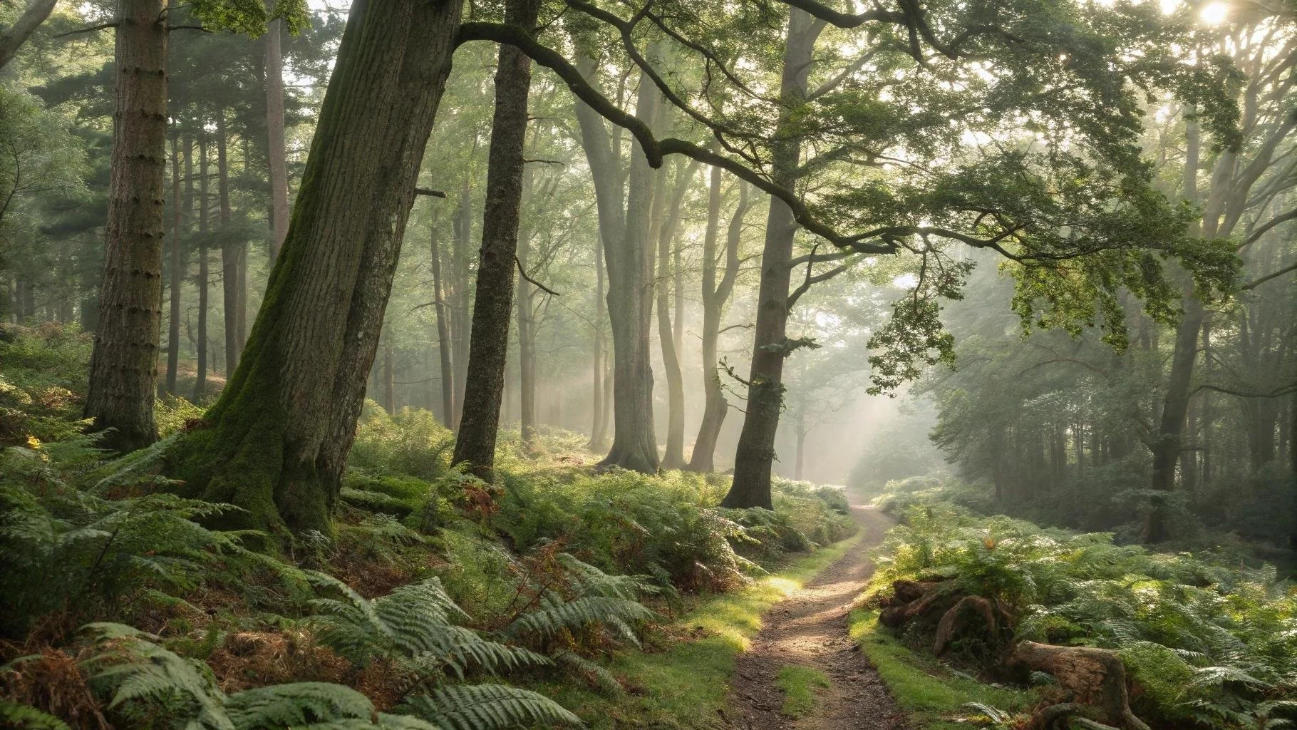 Sunlit forest trail winding through moss-covered trees and lush green ferns