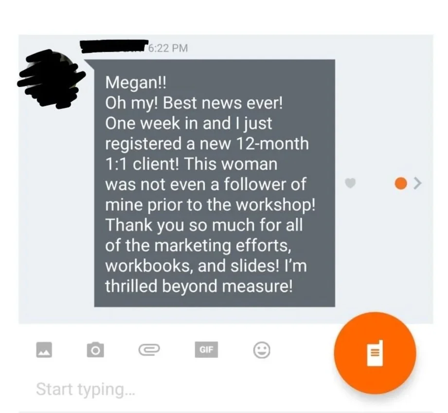 Screenshot of a messaging app conversation celebrating a new 12-month client for a marketing professional, praising the client's growth and expressing gratitude for marketing efforts.