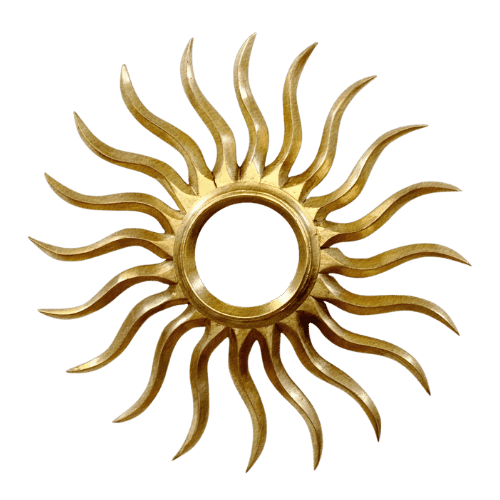 A decorative gold mirror with a sunburst design featuring wavy rays surrounding a circular mirror.
