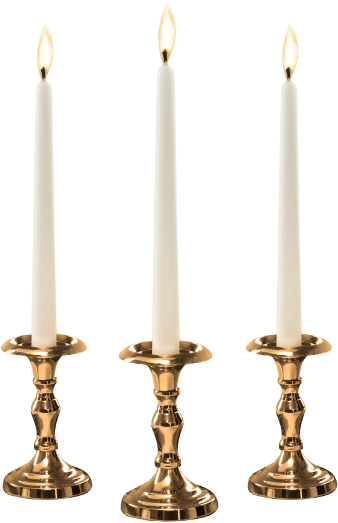 Three white candles with lit flames on ornate gold candle holders against a black background.