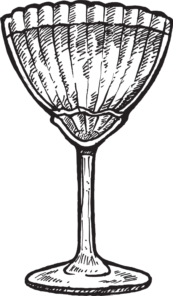 A line drawing of a wine glass with a detailed, textured bowl, a slender stem, and a round base.