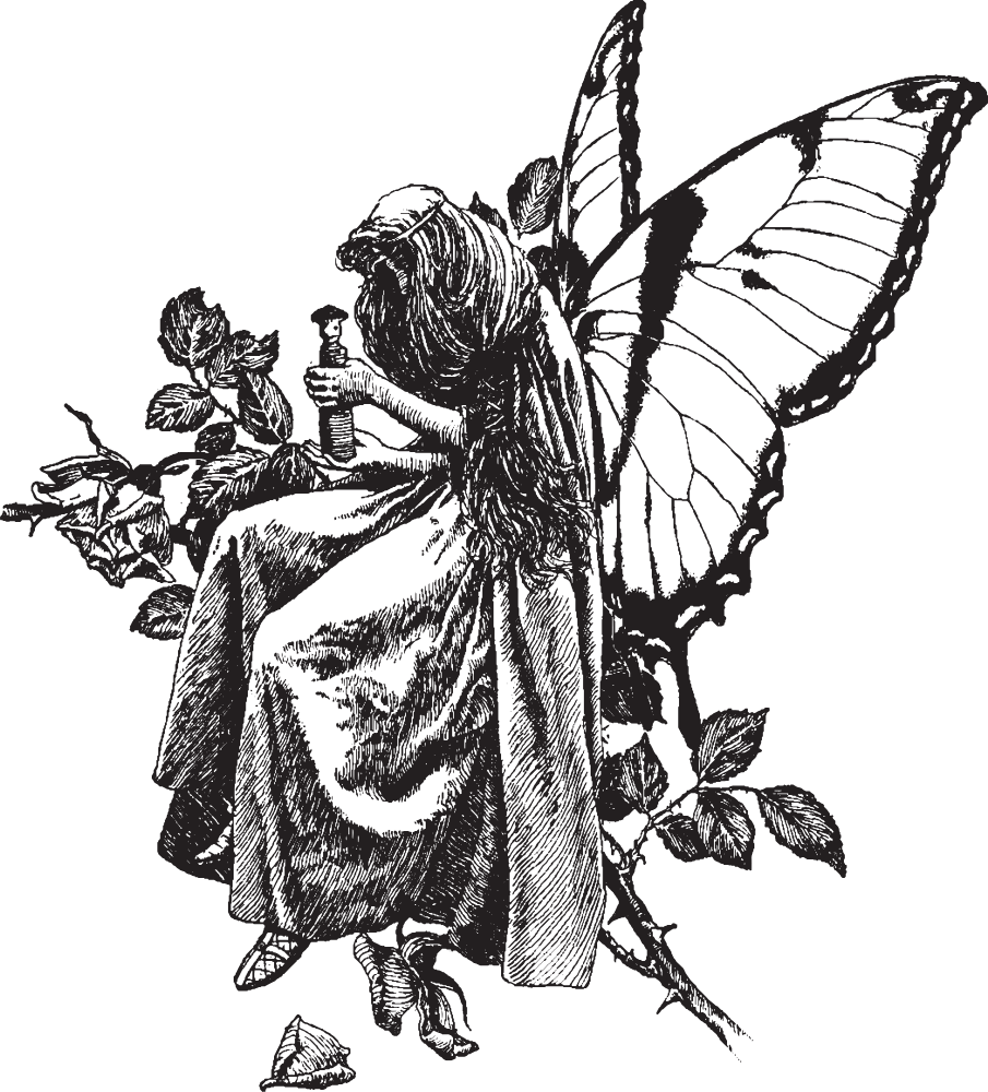 A grayscale illustration of a fairy with butterfly wings, wearing a dress, sitting on a branch with flowers.
