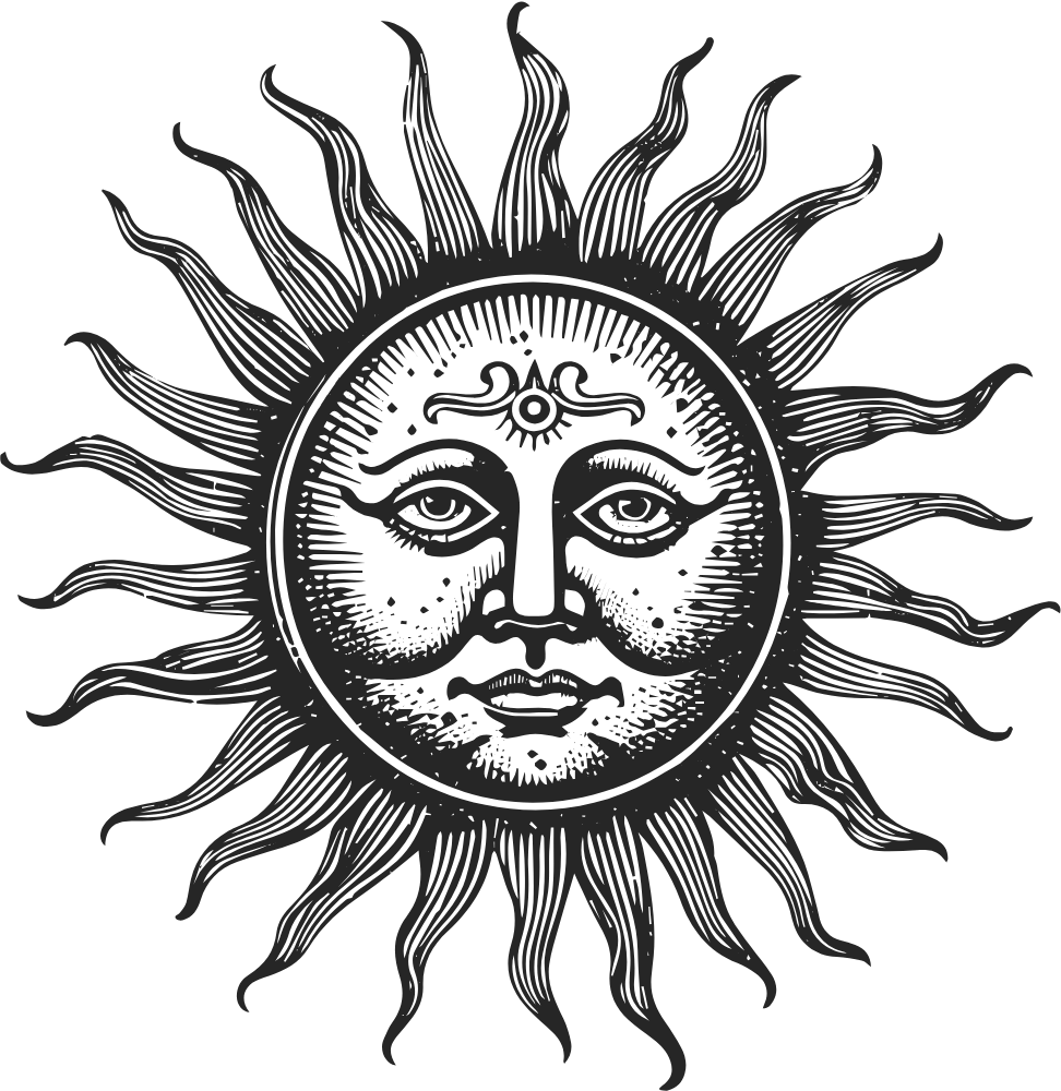 Black and white illustration of a stylized sun with a human face at its center, featuring swirling rays extending outward.