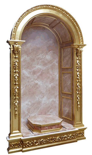 Ornate, gold-trimmed display stand with decorative columns and a marble background.