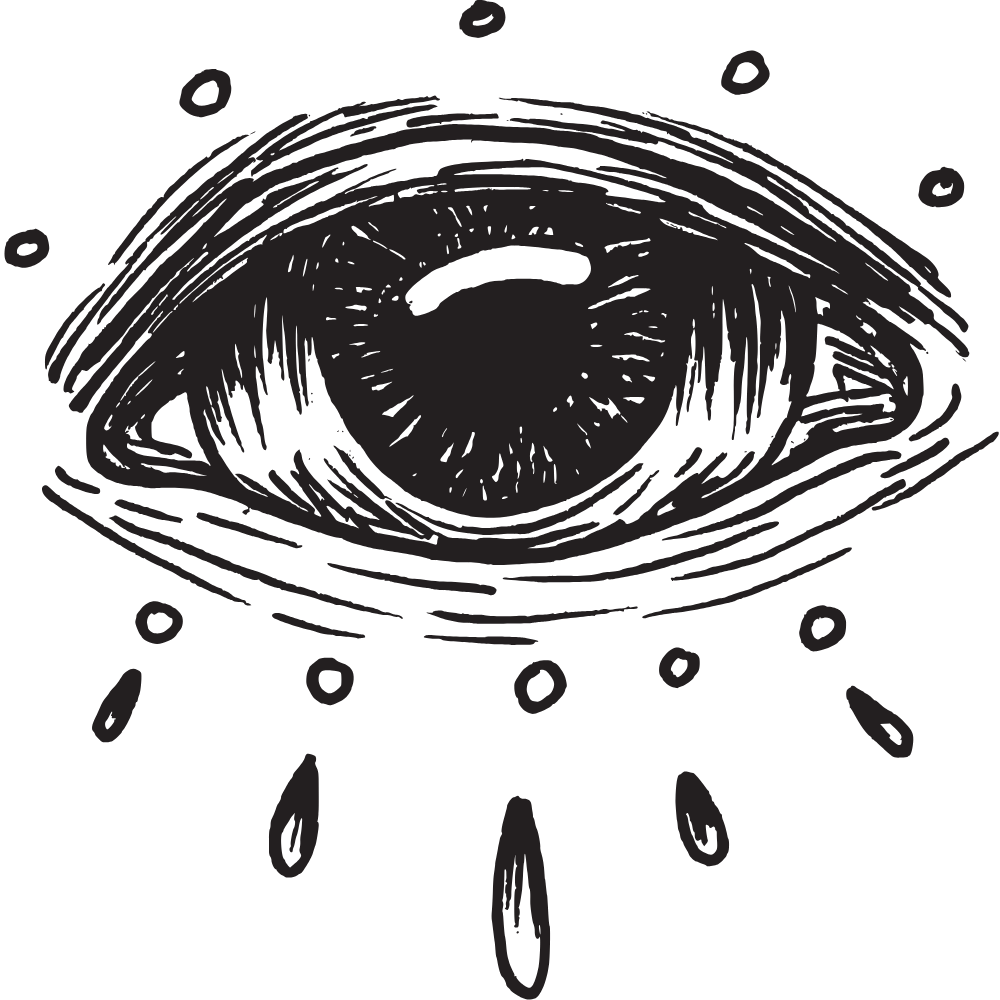 A black and white illustration of an eye with tears falling from it.