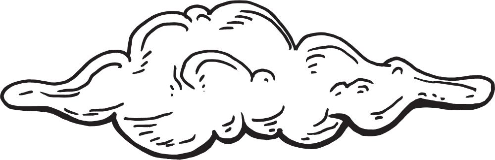 Black and white line drawing of an elongated cloud or smoke puff.