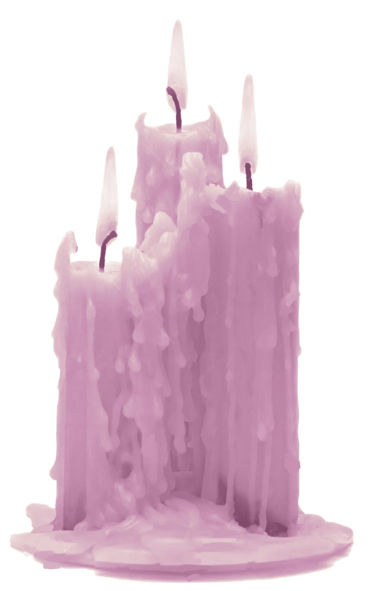 Three purple melting candles with black wicks, one significantly taller than the other two.