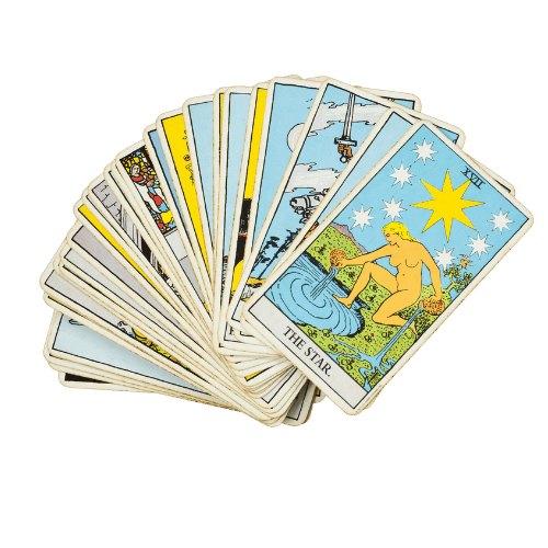 A spread of tarot cards fanned out, featuring the Star card prominently showing a naked woman pouring water onto land and into a pool with stars overhead.