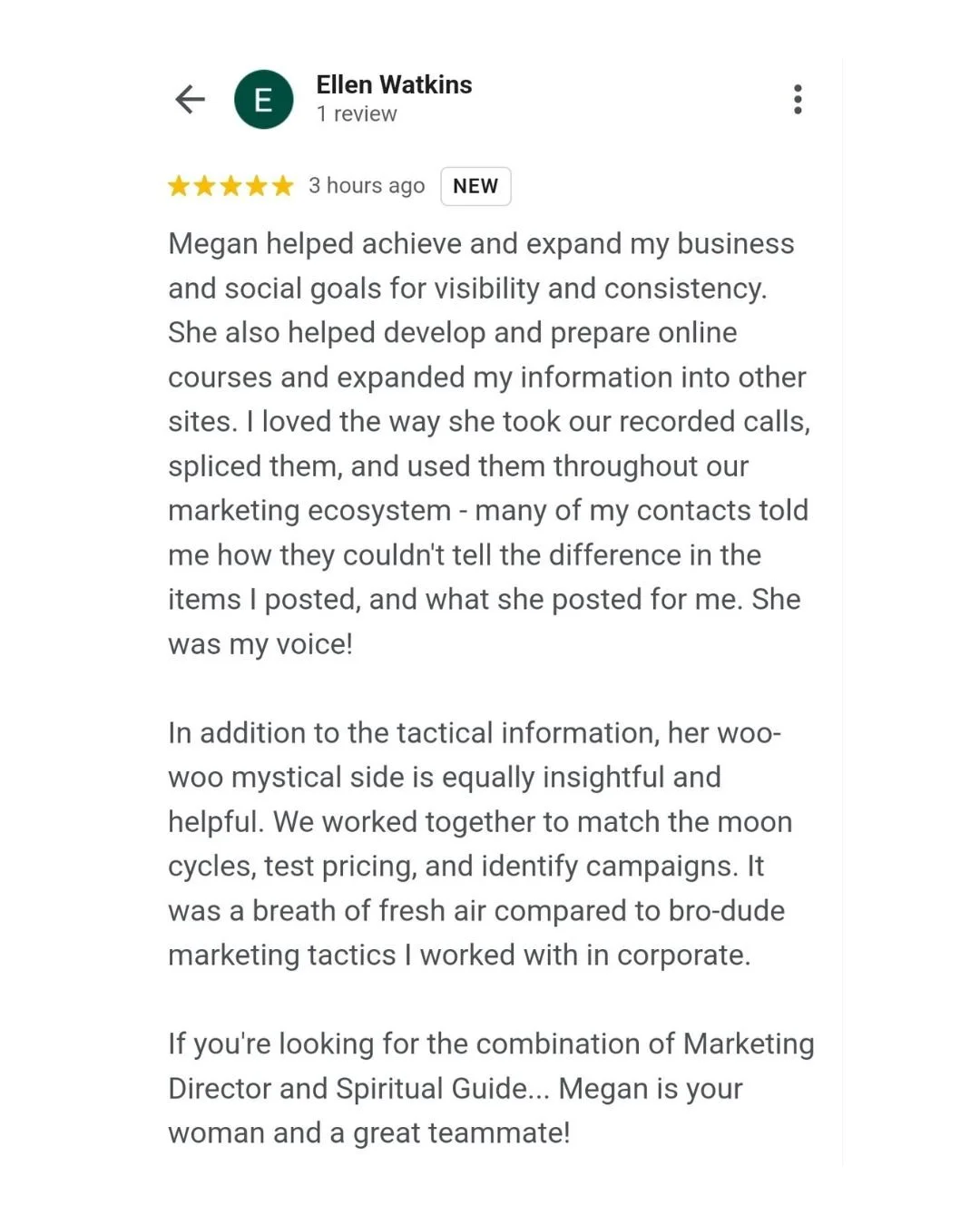 Screenshot of a Google review by Ellen Watkins praising Megan for helping her expand her business, develop online courses, and improve marketing tactics.