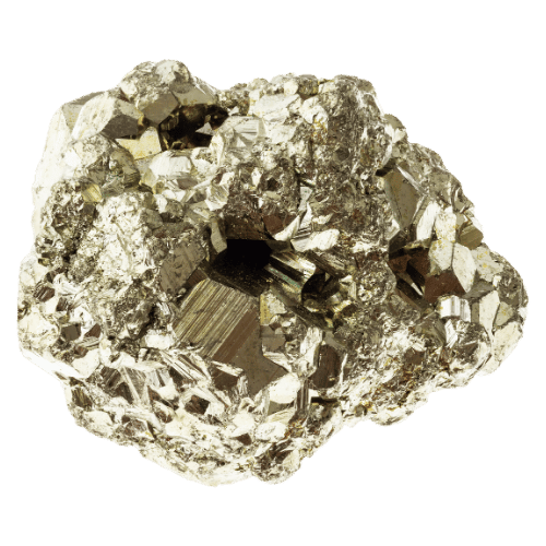 A metallic, crystalline mineral specimen that appears to be pyrite, with a shiny, gold-like appearance and rough texture.