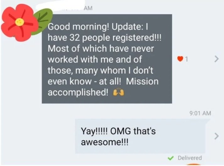 A screenshot of a messaging conversation with a motivational message about 32 people registered, followed by an enthusiastic reply.