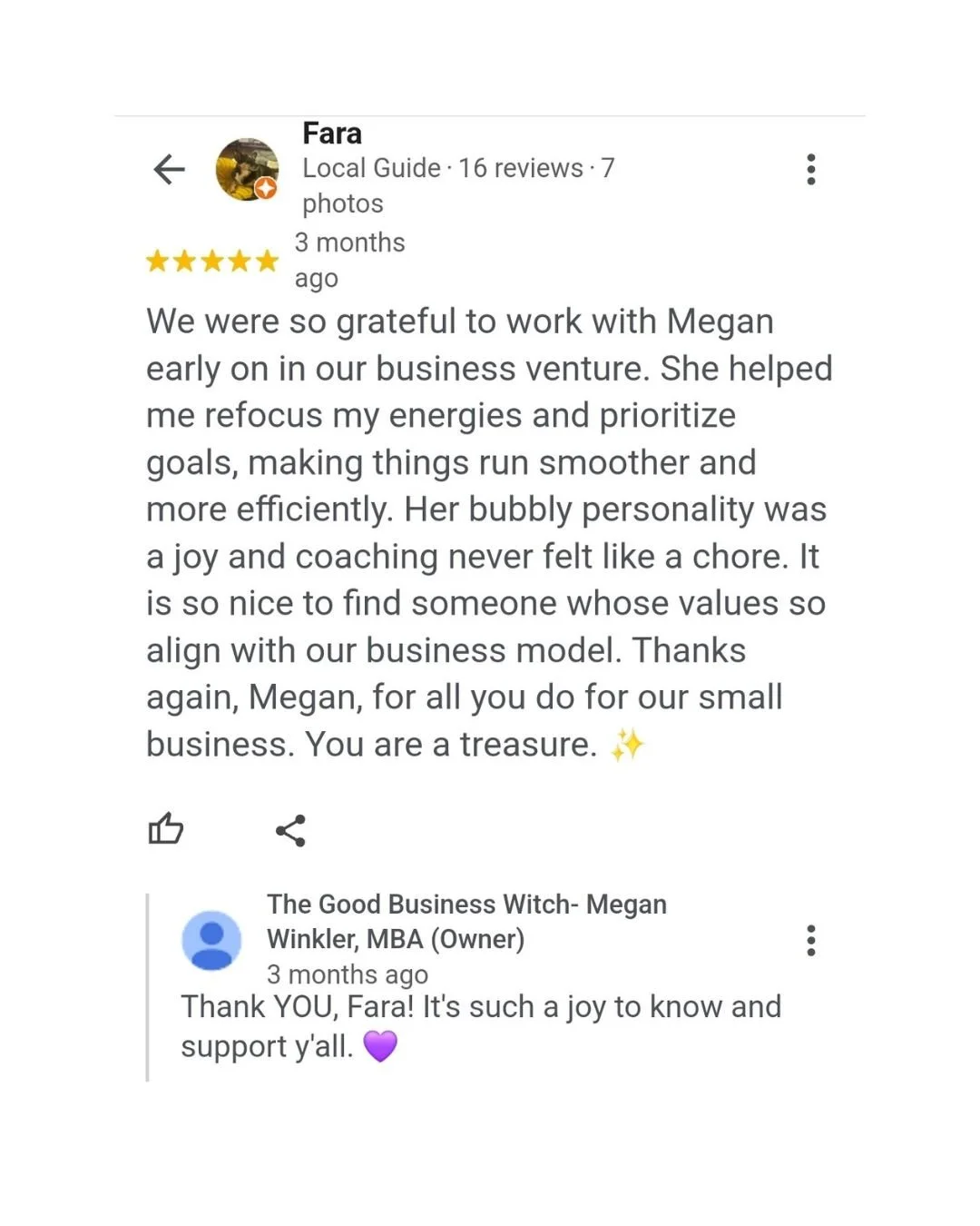 Screenshot of a positive Facebook review from a client named Fara, praising Megan for her coaching support. The review highlights how Megan helped her focus on goals and enjoy coaching.