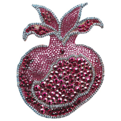 Decorative art piece resembling a human heart with leaf-like structures on top, adorned with pink and silver rhinestones.