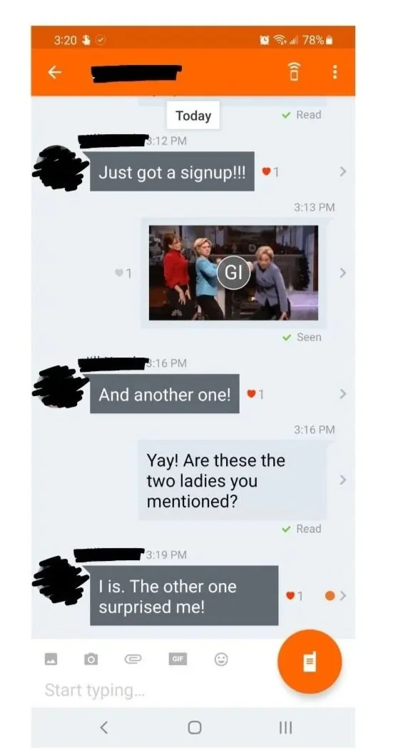 Screenshot of a chat conversation about getting a signup, with a shared image of three women singing or dancing on a stage.