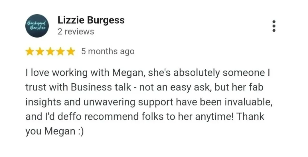 Screenshot of a positive online review for Megan, written by Lizzie Burgess, praising her business insights and support.