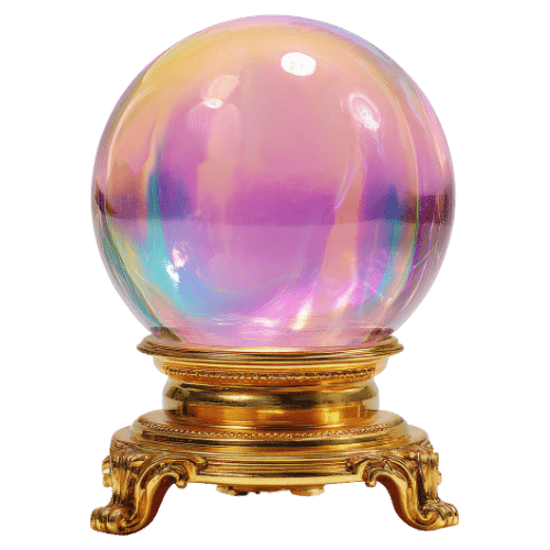 A large iridescent crystal ball on an ornate gold stand.