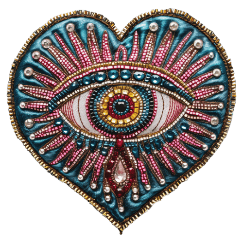Decorative heart-shaped jewelry piece featuring an embroidered eye design with beads and gems in pink, blue, yellow, and red.