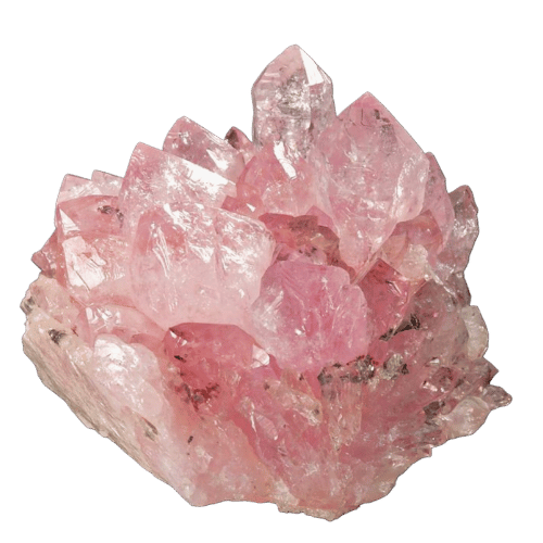 Pink crystal cluster, possibly rose quartz, with transparent and reflective surfaces against a black background.