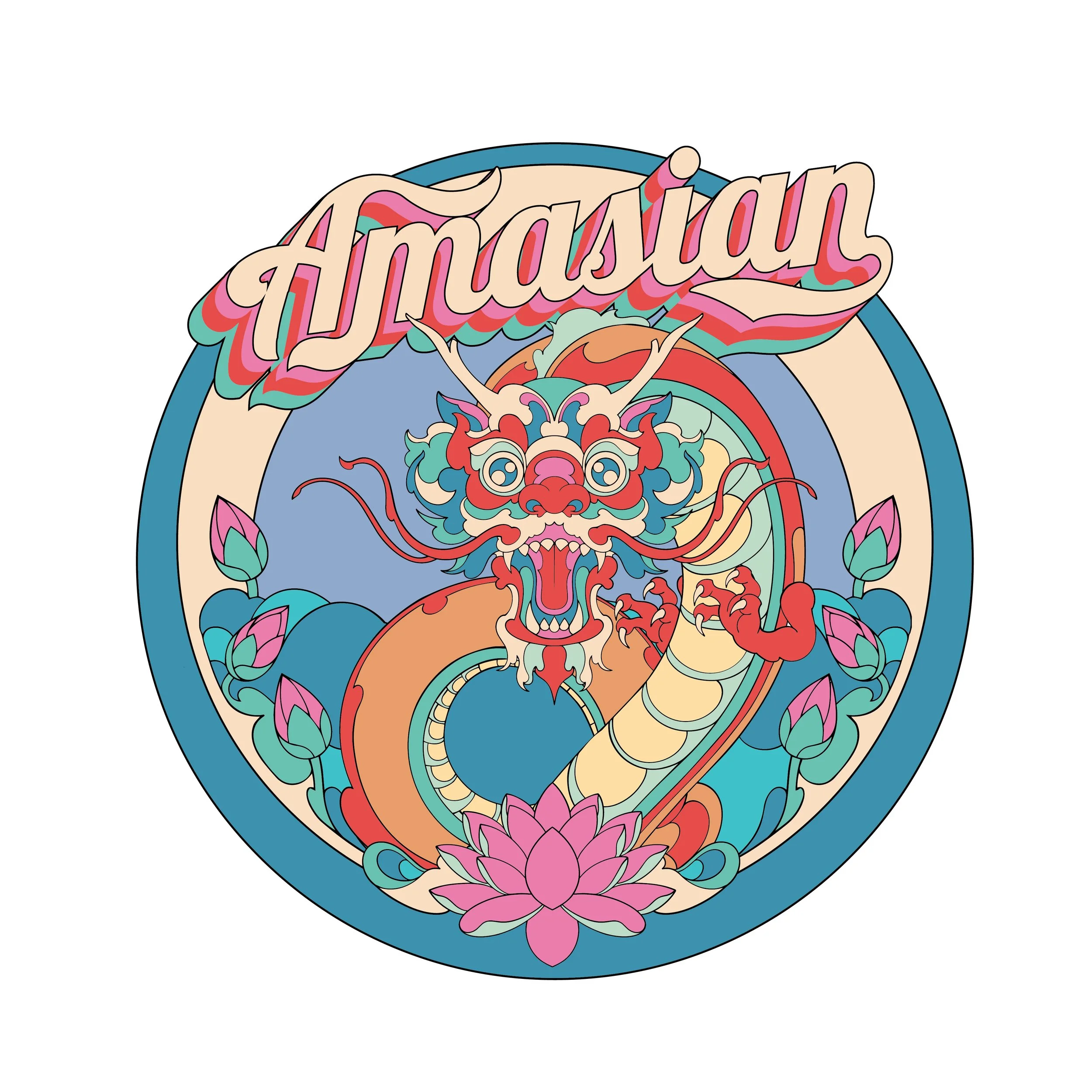 Colorful illustration of a dragon's face with floral and lotus designs and the word 'Amazing' written above in stylized text.