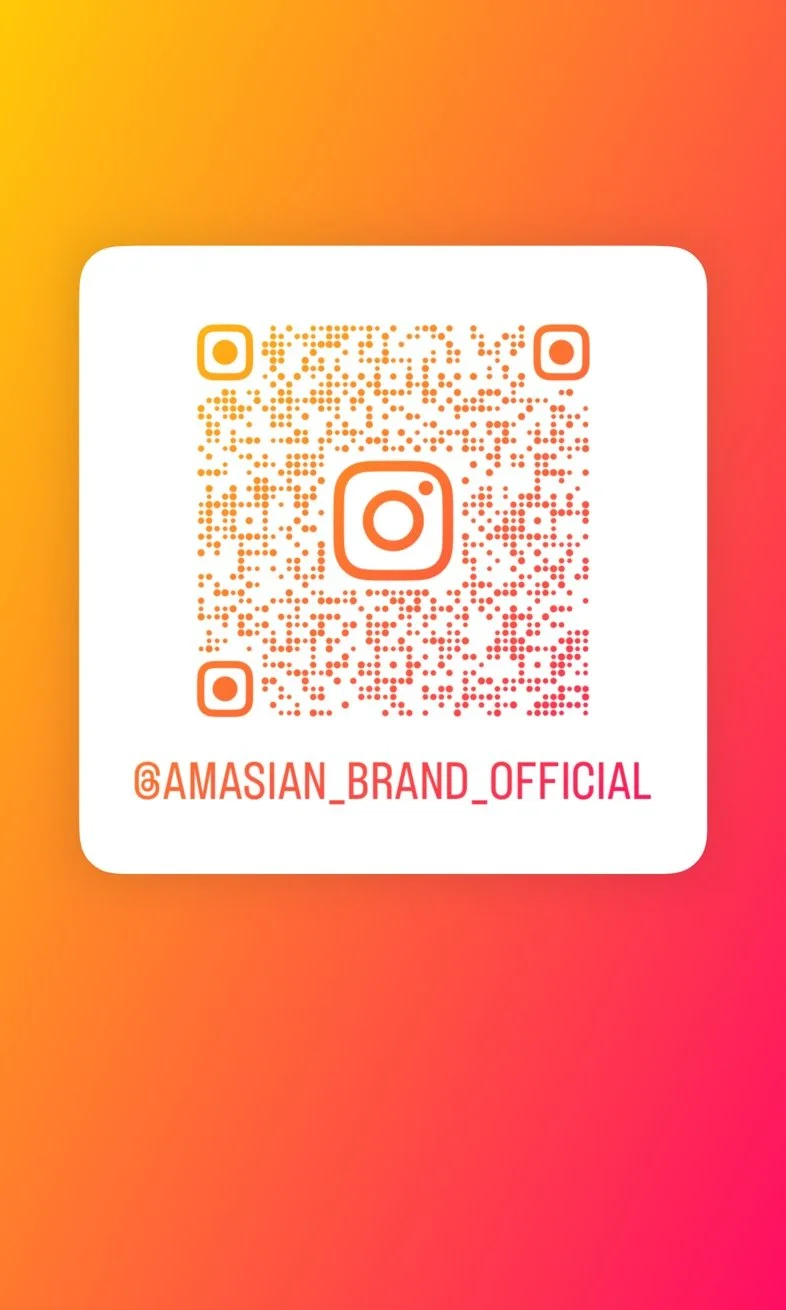 Instagram QR code with the handle @AMASIAn_BRAND_OFFICIAL on a colorful gradient background.