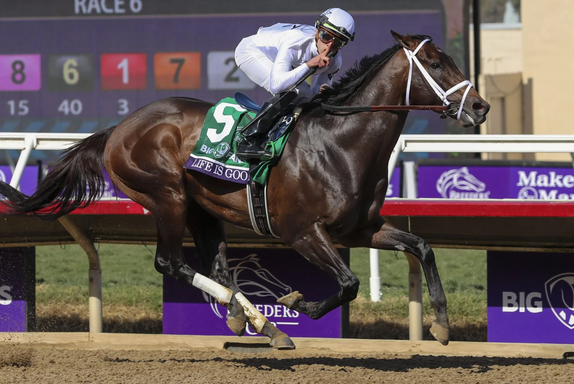 A racehorse and jockey competing in a horse race on a dirt track, with a digital scoreboard in the background showing race details.