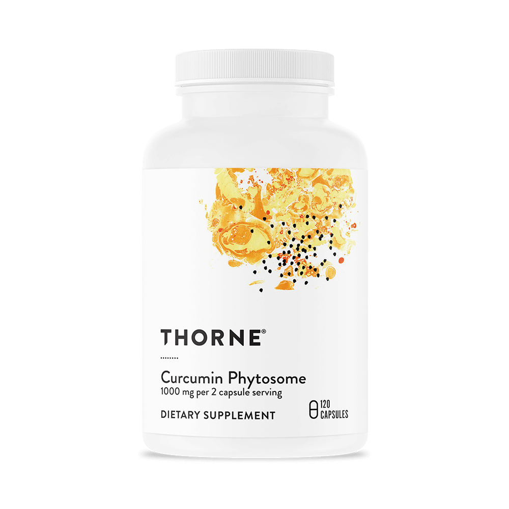 Bottle of Thorne Curcumin Phytosome dietary supplement with a white label featuring yellow and orange abstract design.