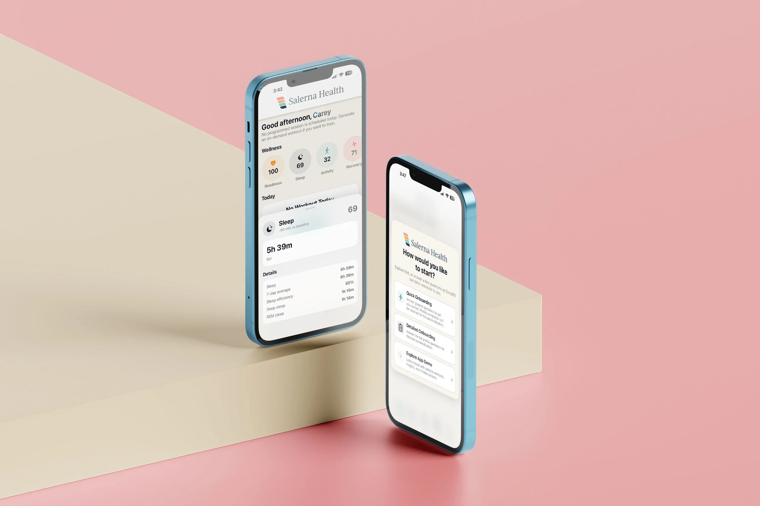 Two smartphones display the Salerna Health app against a pink and beige background.