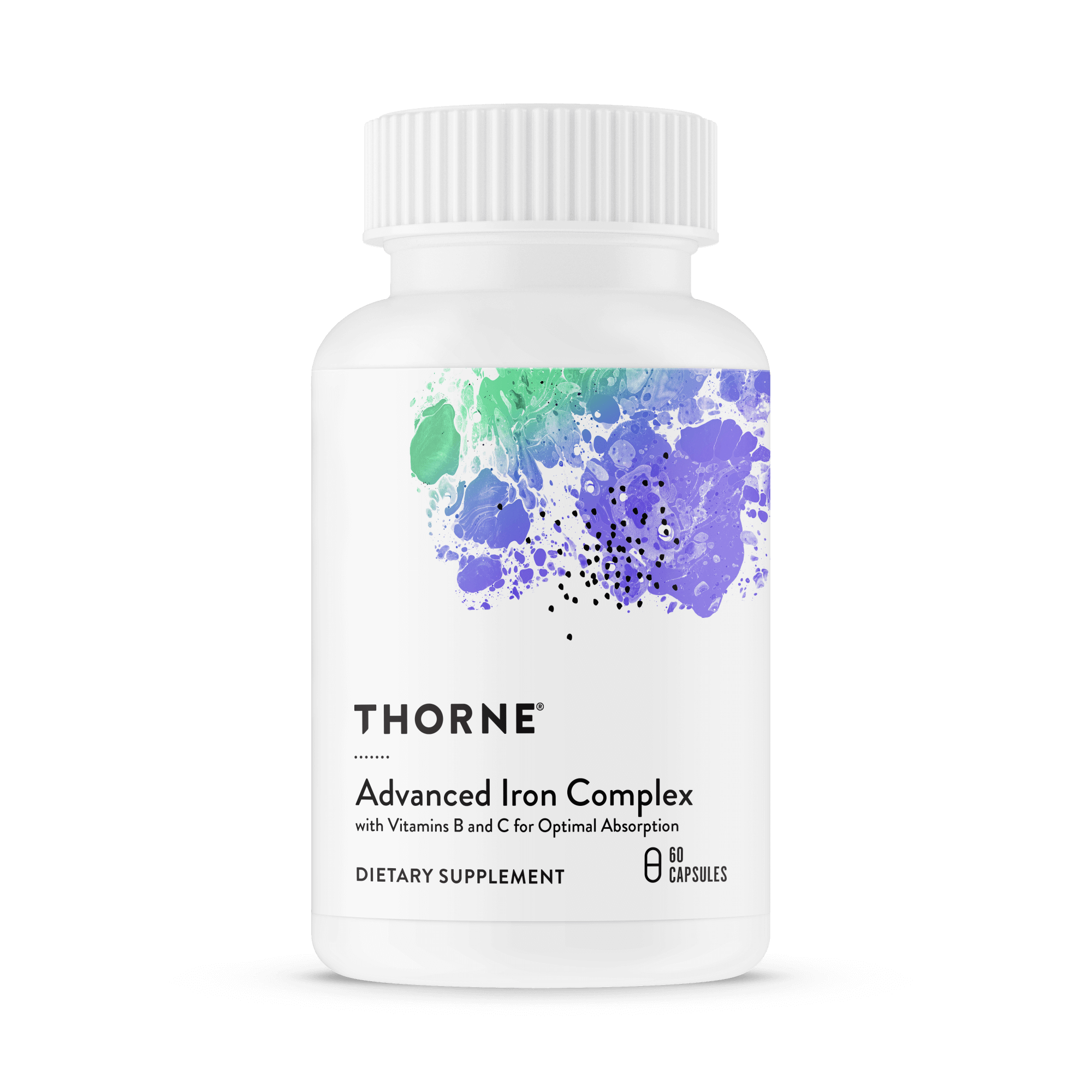 A white bottle of Thorne Advanced Iron Complex dietary supplement with a colorful abstract design on the label and a screw-on cap against a black background.