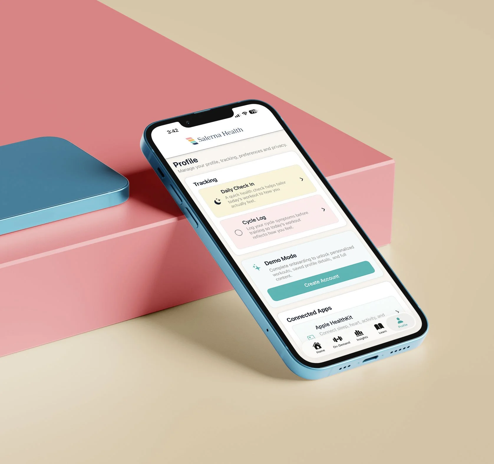 A smartphone displaying the Salerno Health app with profile options, on a pastel pink and cream background next to a pastel blue box.
