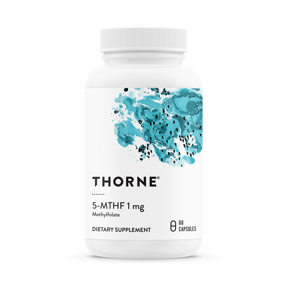White supplement bottle with a blue abstract design label, labeled 'Thorne 5-MTHF 1 mg Methylfolate, dietary supplement, 60 capsules.'