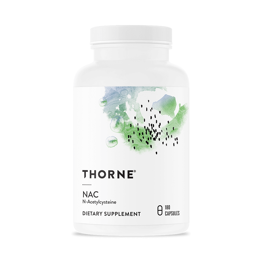 White bottle of Thorne NAC dietary supplement with a white cap and a label featuring green and blue abstract design, typed text indicating 180 capsules.