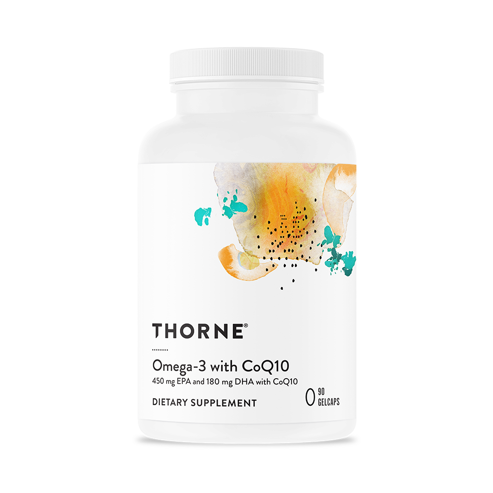 Bottle of Thorne Omega-3 dietary supplement, featuring colorful abstract watercolor art on the label