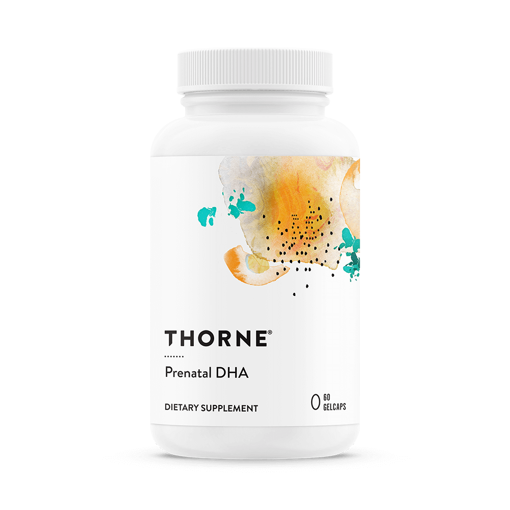 Bottle of Thorne Prenatal DHA dietary supplement containing 60 gelcaps.