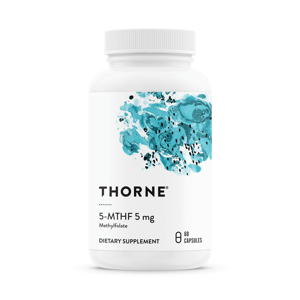 Bottle of Thorne dietary supplement labeled 5-MTHF 5 mg Methylfolate containing 60 capsules.
