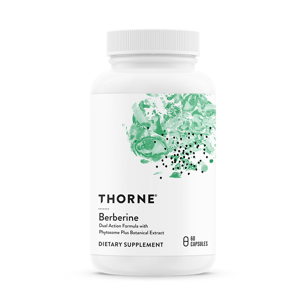 A white bottle of Thorne Berberine dietary supplement with a white cap, featuring a label with green abstract designs and black text indicating the product name and details.