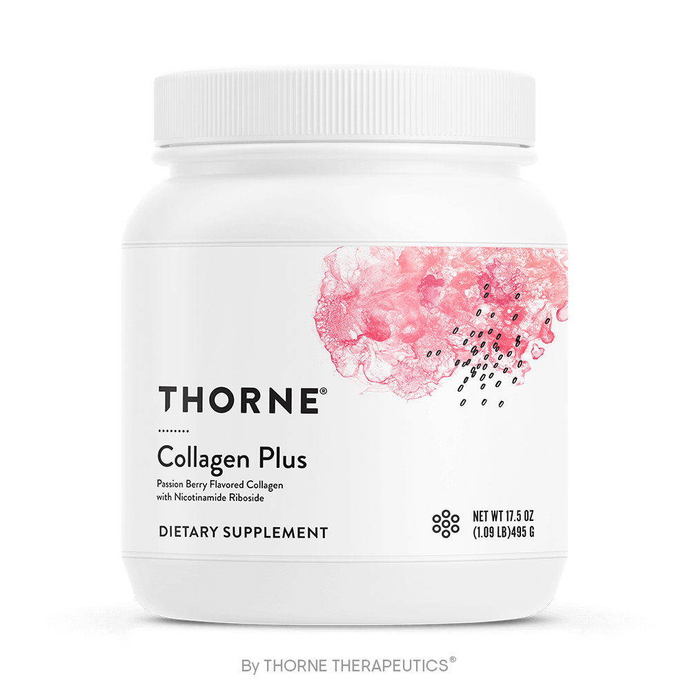 Container of Thorne Collagen Plus dietary supplement, with a white lid and label featuring pink abstract design and black text.