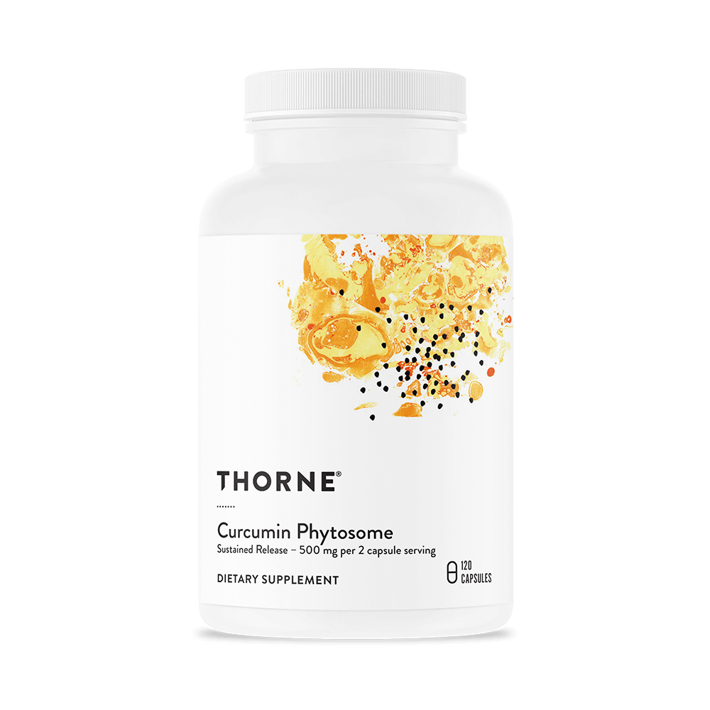 A white bottle of Thorne Curcumin Phytosome dietary supplement with a colorful abstract design on the label, containing 120 capsules.